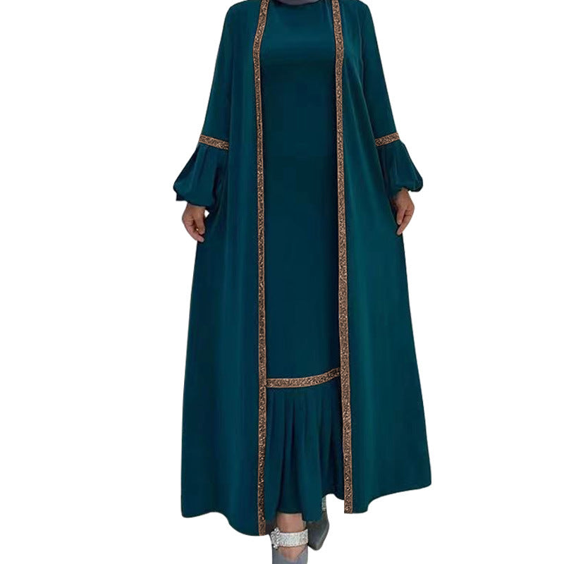 Muslim Women Hijab Dress 2 Piece Set Eid Lantern Sleeve Maxi Long Dress Islamic Clothing Caftan Kimono Big Swing Abaya Dresses