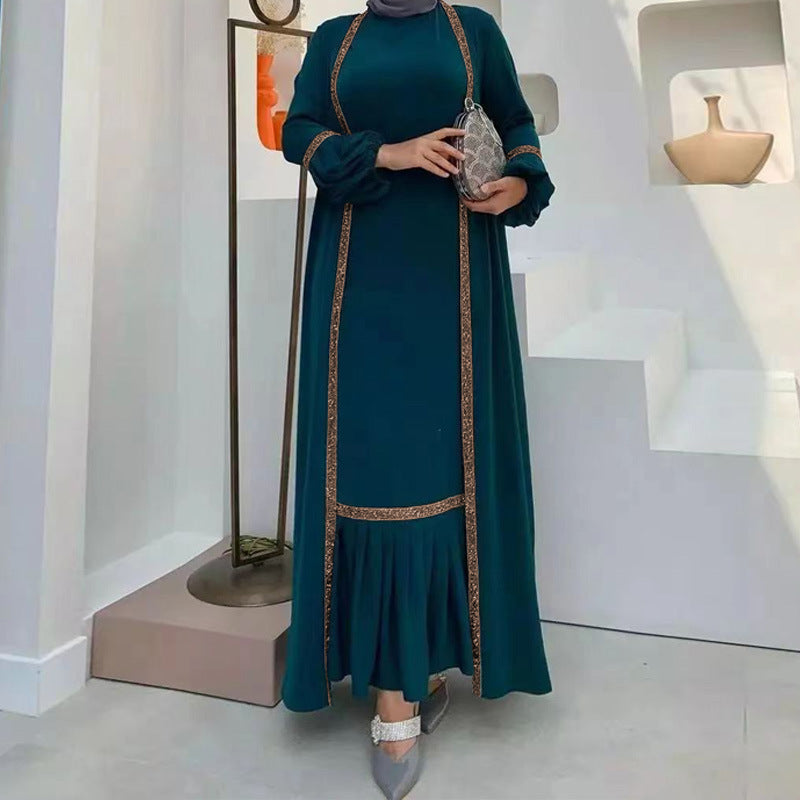 Muslim Women Hijab Dress 2 Piece Set Eid Lantern Sleeve Maxi Long Dress Islamic Clothing Caftan Kimono Big Swing Abaya Dresses