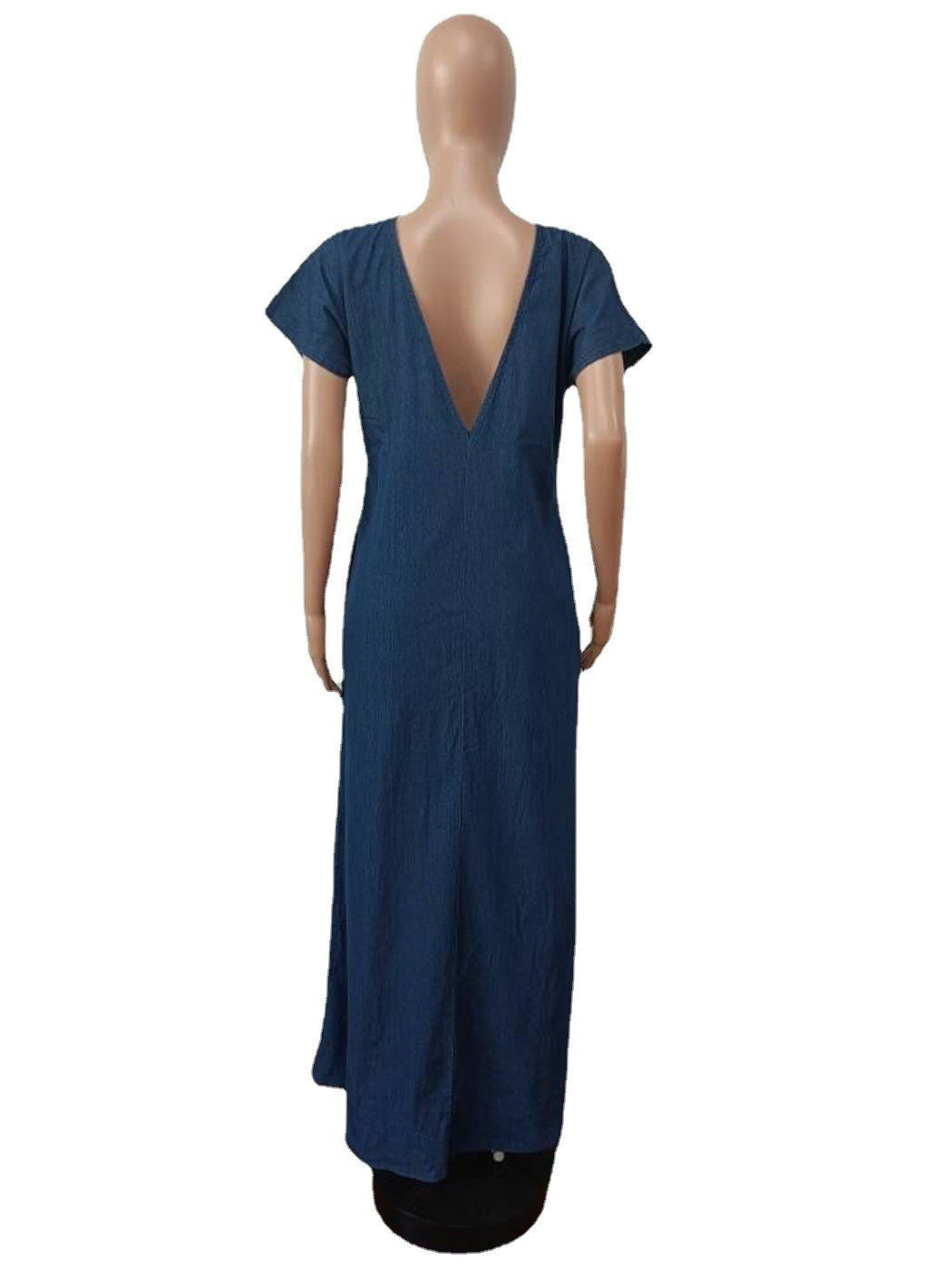 CM.YAYA Vintage Women Fashion Batwing Short Sleeve Denim V-back Loose Slim Maxi Long Dress 2023 High Street Vestido Jean Dresses