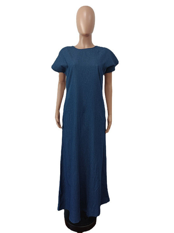 CM.YAYA Vintage Women Fashion Batwing Short Sleeve Denim V-back Loose Slim Maxi Long Dress 2023 High Street Vestido Jean Dresses