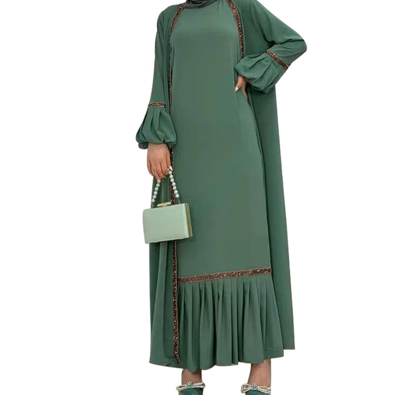 Muslim Women Hijab Dress 2 Piece Set Eid Lantern Sleeve Maxi Long Dress Islamic Clothing Caftan Kimono Big Swing Abaya Dresses