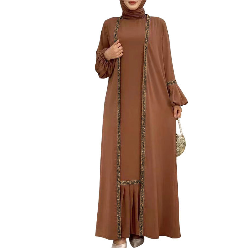 Muslim Women Hijab Dress 2 Piece Set Eid Lantern Sleeve Maxi Long Dress Islamic Clothing Caftan Kimono Big Swing Abaya Dresses