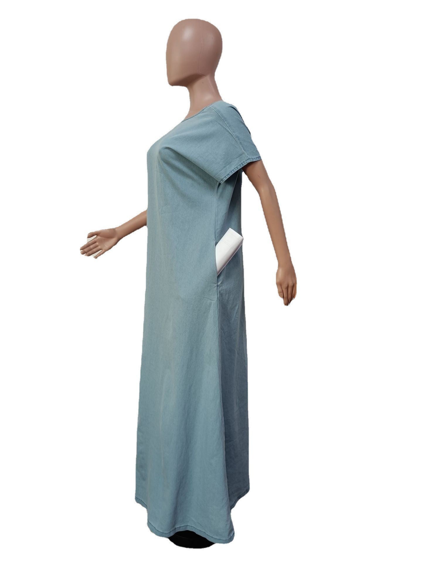 CM.YAYA Vintage Women Fashion Batwing Short Sleeve Denim V-back Loose Slim Maxi Long Dress 2023 High Street Vestido Jean Dresses