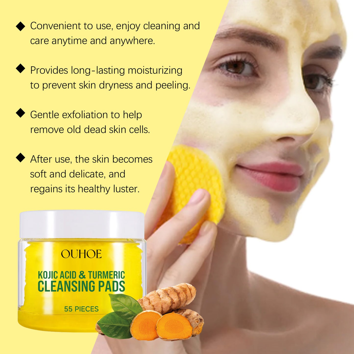 Turmeric Kojic Acid Facial Exfoliating Cleansing Pads Clogged Pores Oil Remover Glow Brighten Daily Lemon Facial Cotton Sponges