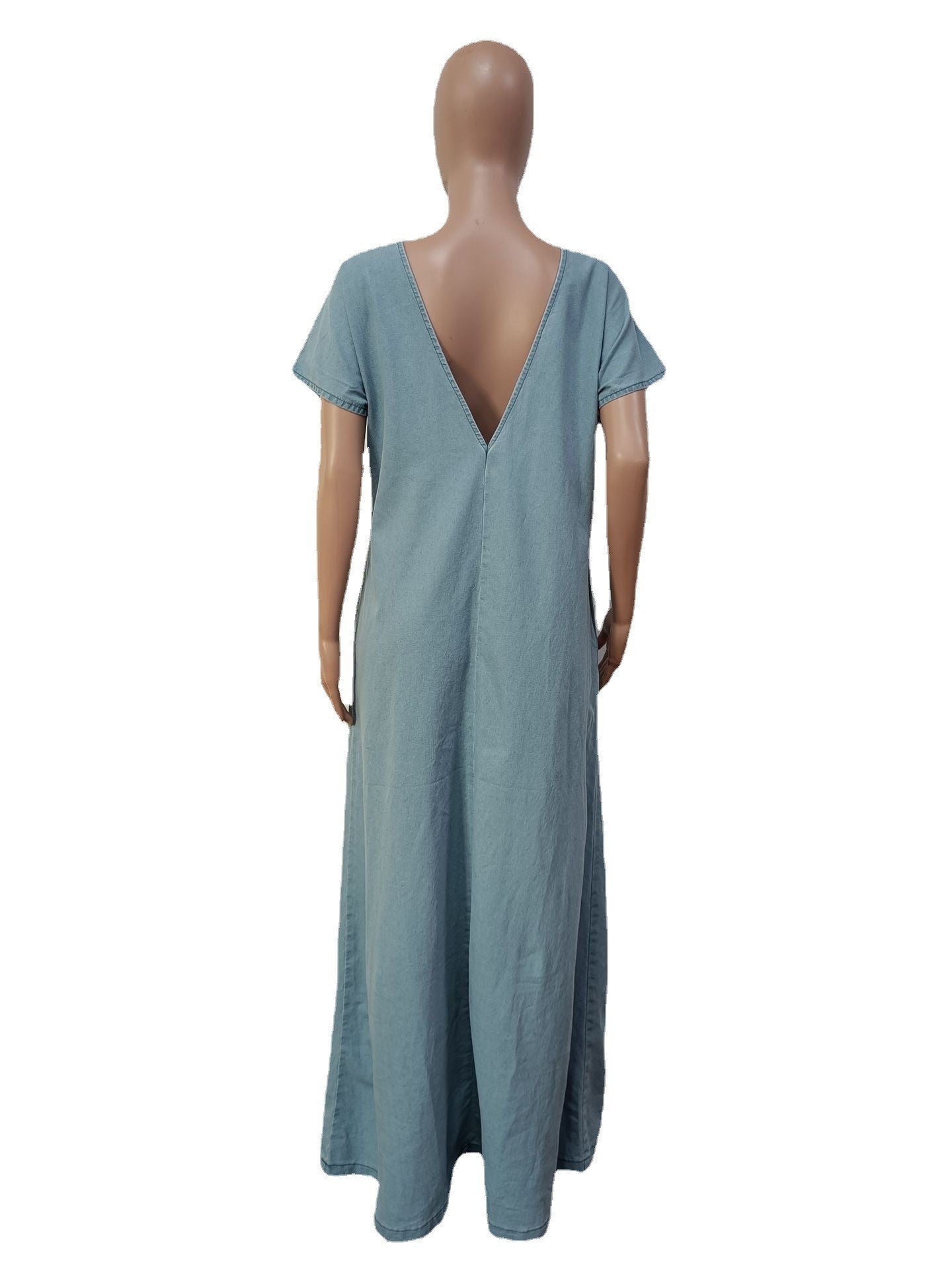CM.YAYA Vintage Women Fashion Batwing Short Sleeve Denim V-back Loose Slim Maxi Long Dress 2023 High Street Vestido Jean Dresses