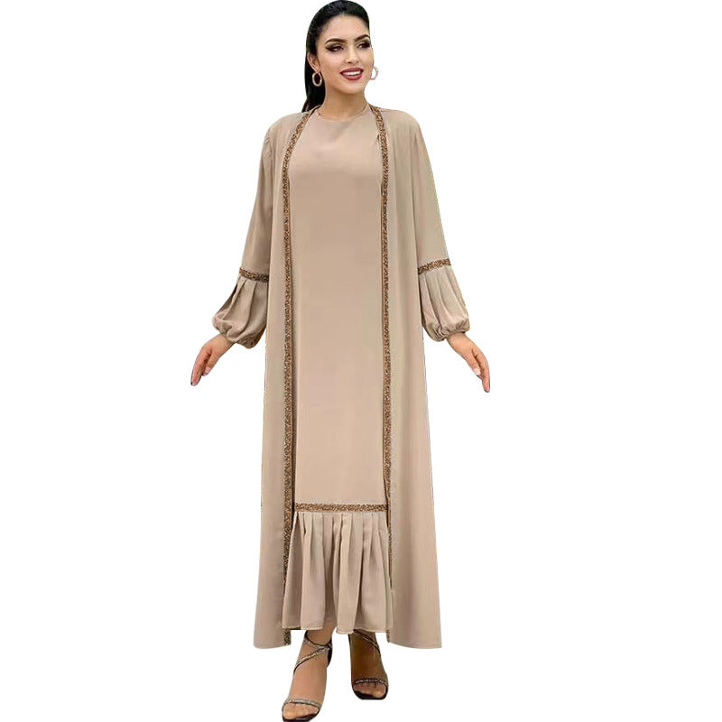 Muslim Women Hijab Dress 2 Piece Set Eid Lantern Sleeve Maxi Long Dress Islamic Clothing Caftan Kimono Big Swing Abaya Dresses