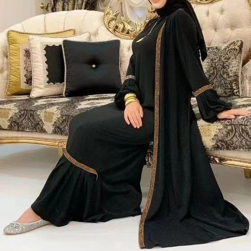Muslim Women Hijab Dress 2 Piece Set Eid Lantern Sleeve Maxi Long Dress Islamic Clothing Caftan Kimono Big Swing Abaya Dresses