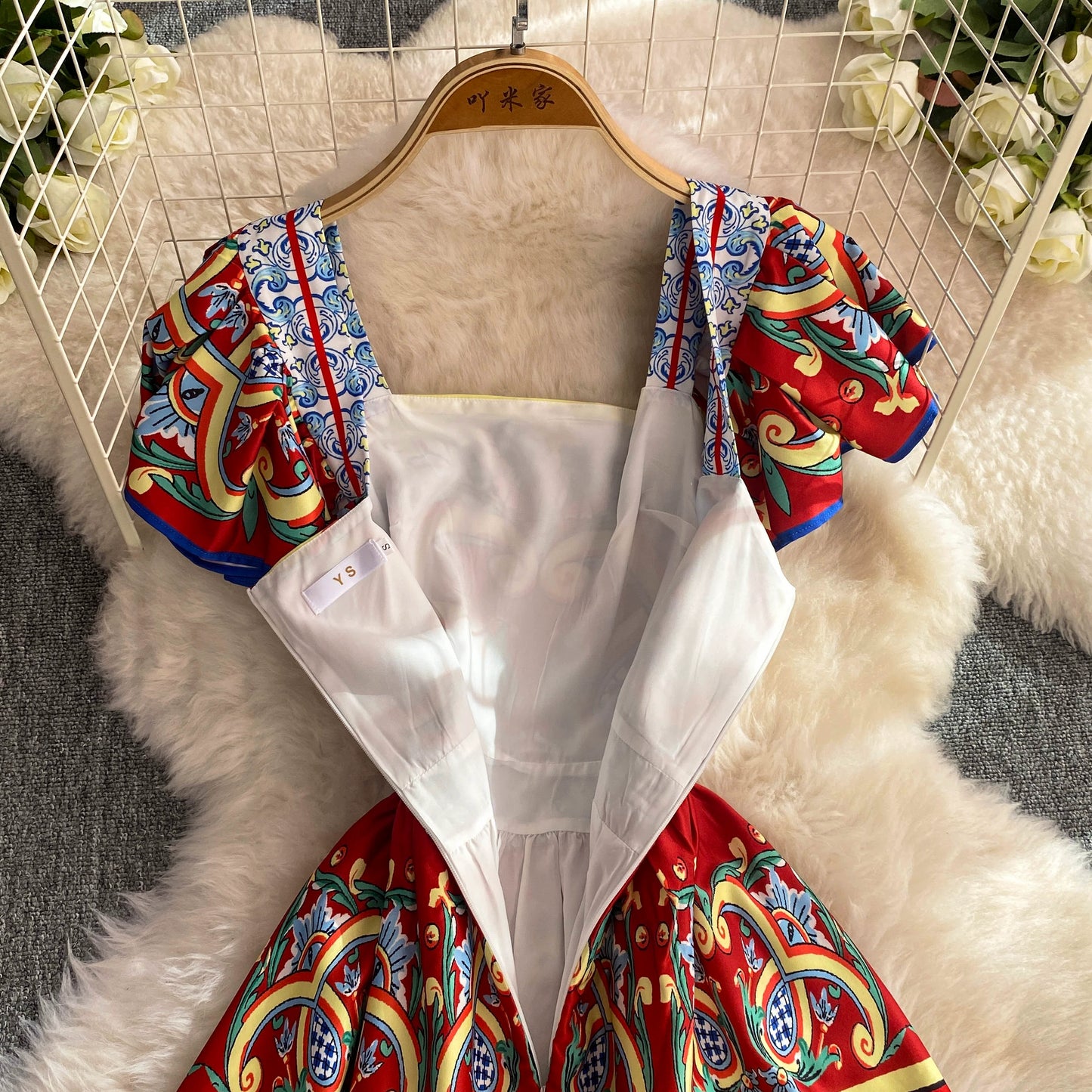 2024 New Summer Women Sexy Slash Neck Short Sleeve Slim Long Dress Fashion Vintage Print Ruffles Floral Maxi Pleated Vestidos