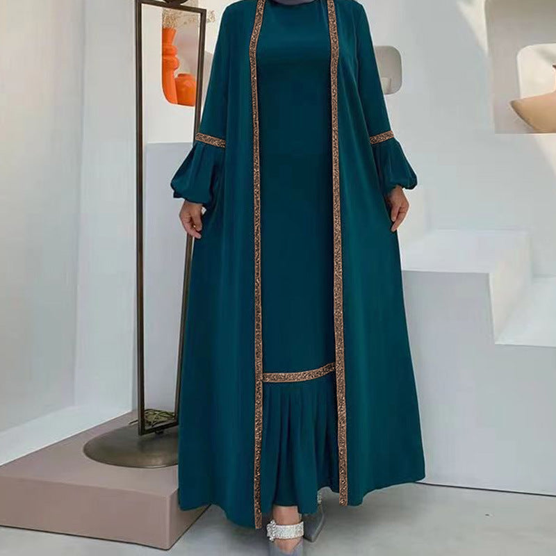 Muslim Women Hijab Dress 2 Piece Set Eid Lantern Sleeve Maxi Long Dress Islamic Clothing Caftan Kimono Big Swing Abaya Dresses