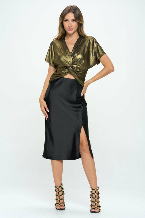 Metallic Short Sleeve Top with Front Twist