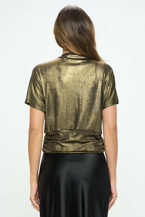 Metallic Short Sleeve Top with Front Twist