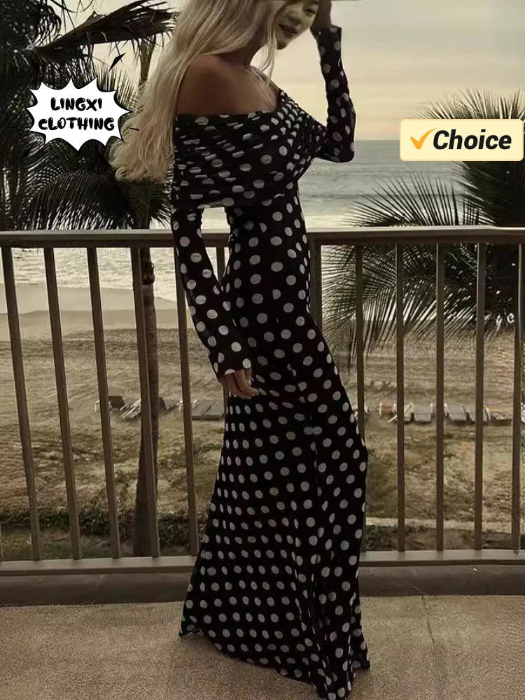 2024 Summer Fashion Vacation Style Fashion Party Women's Long Elegant One Shoulder Wave Dot Slim Fit Sexy Long Dress