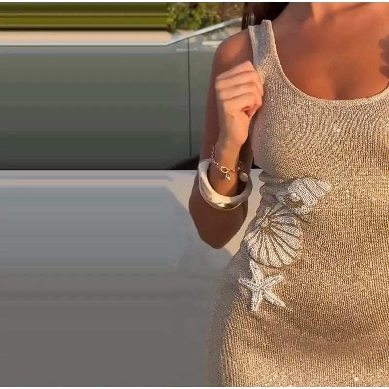Star Pattern Knitted Sequins Long Dress Women Sleeveless O-neck Solid 2025 Summer Fashion Slim Dresses Vacation Party Vestidos