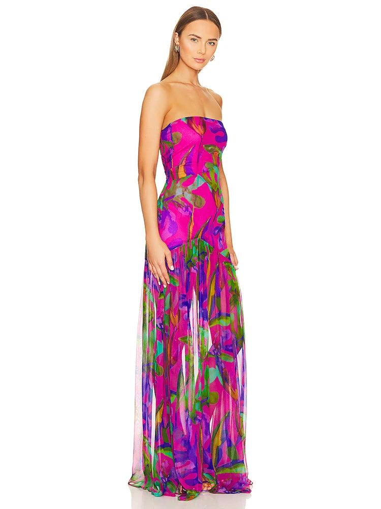 Summer Strapless Floral Printed Long Dress Women Fashion Sleeveless Print Split Maxi Dress Elegant Beach Party Evening Dresses