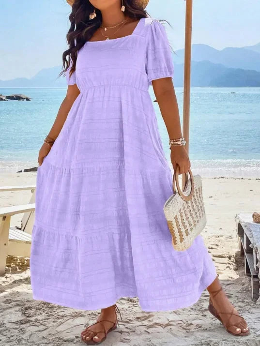 Plus Size 1XL-5XL Women's Fashionable Square Neck Solid Color Dress Ladies Casual A-line Skirt Short Sleeved Long Dress