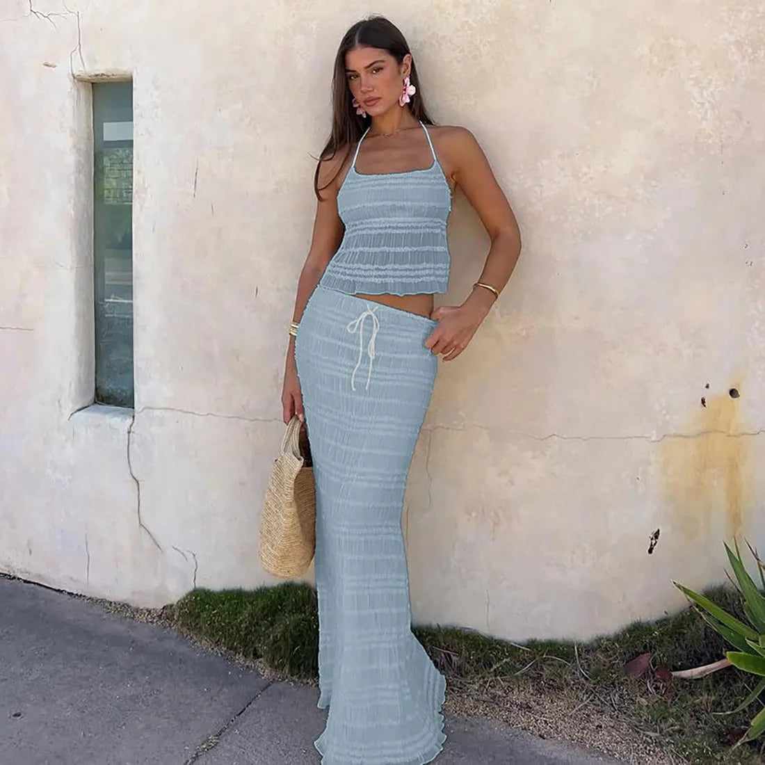 Chaxiaoa Chiffon Lace Sexy Skirt Two Piece Sets Women Halter Crop Tops and Maxi Skirt Ladies Fashion Woman Long Dress Set