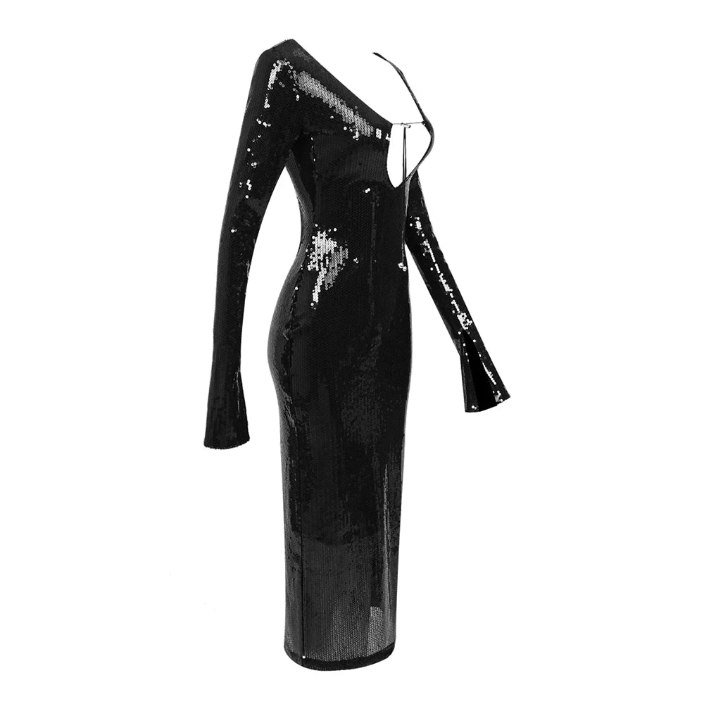 BEVENCCEL Sexy Luxury Sequins Deep V Long Sleeve Backless Sequins Long Dress Elegant Bodycon Maxi Evening Party Clubwear Dress