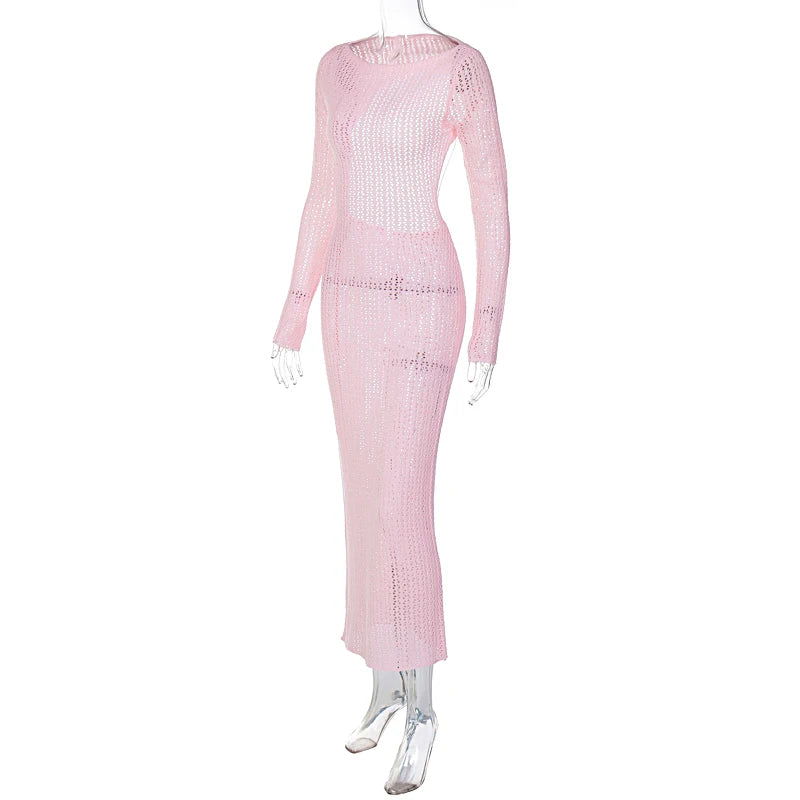 Hawthaw Women 2023 Autumn Winter Long Sleeve Streetwear Knitted Vacation Bodycon Pink Long Dress Wholesale Items For Business
