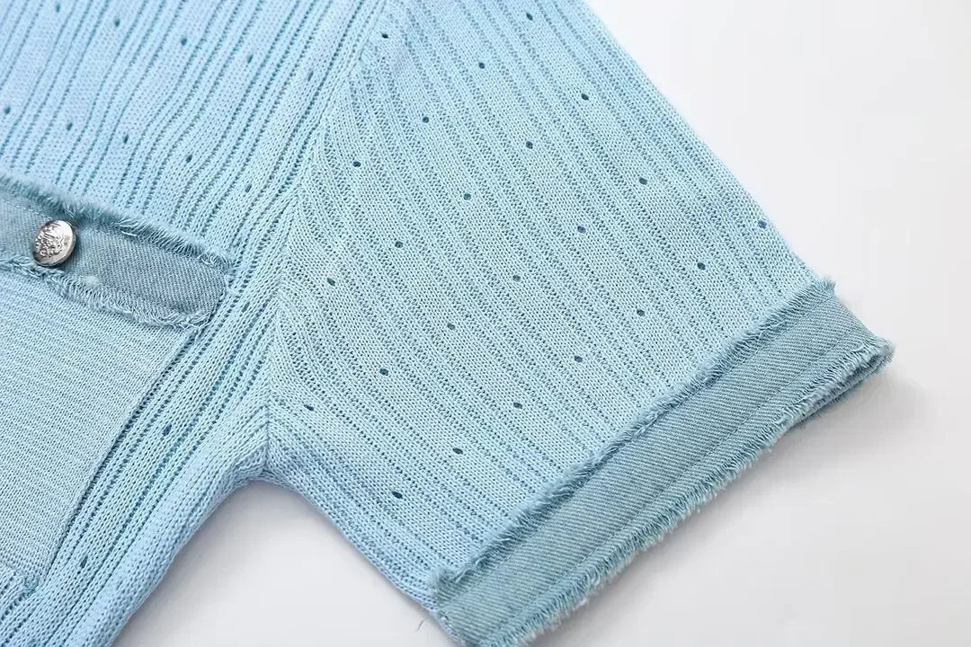 European and American style denim stitching knitted short-sleeved dress women's new high-end design long dress