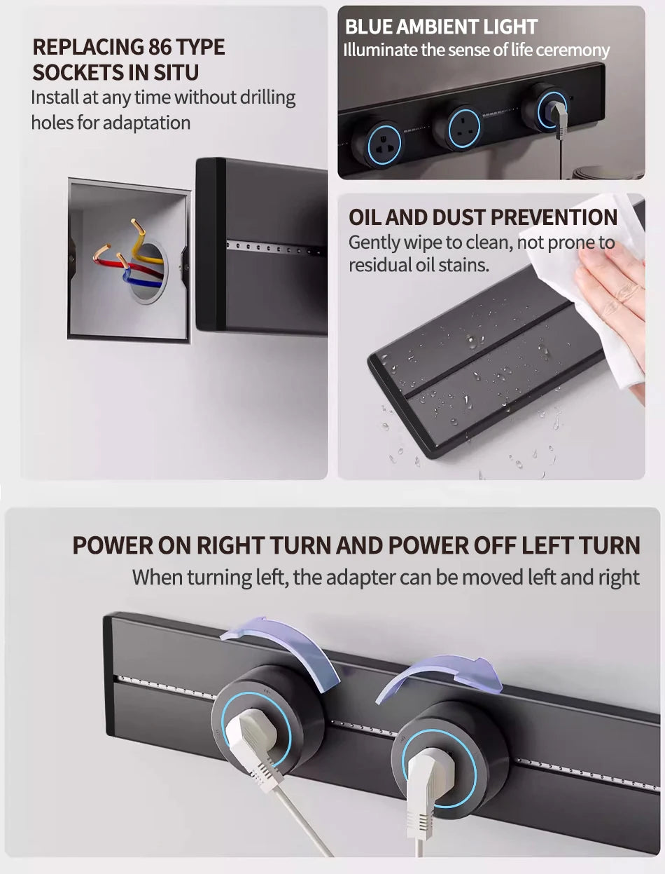 Socket power rail socket concealed concealed wall kitchen socket with EU, UK, and Korean universal plug adapter