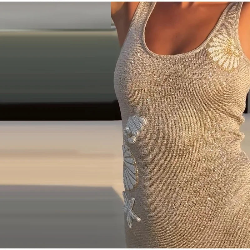 Star Pattern Knitted Sequins Long Dress Women Sleeveless O-neck Solid 2025 Summer Fashion Slim Dresses Vacation Party Vestidos