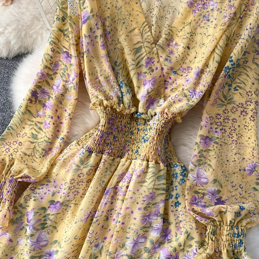 YuooMuoo 2025 Spring Summer Long Sleeve Chiffon Dresses Fashion Female Elastic Waist Pleated Long Dress Women Print Floral Dress