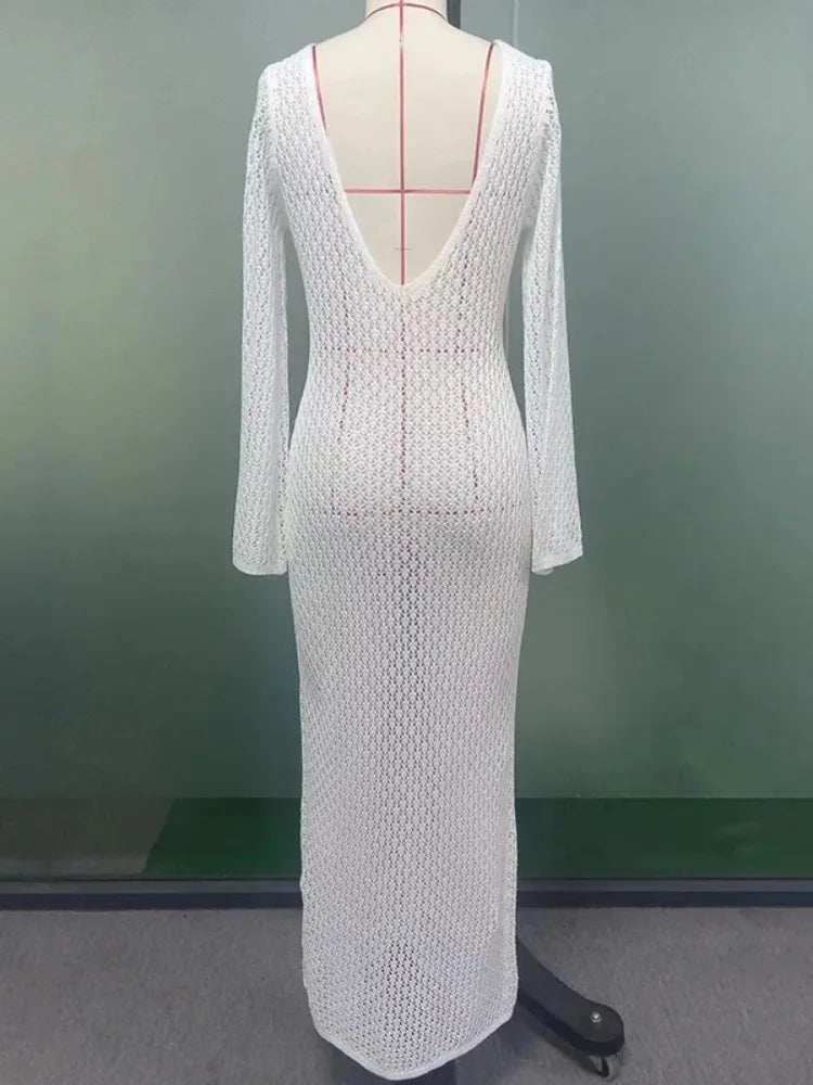 TARUXY Crochet Beach Maxi Dress Women's Sexy Knitted Hollow Bikini Swimsuit Cover-Up Sun Protection Dress See Through Slim Lady