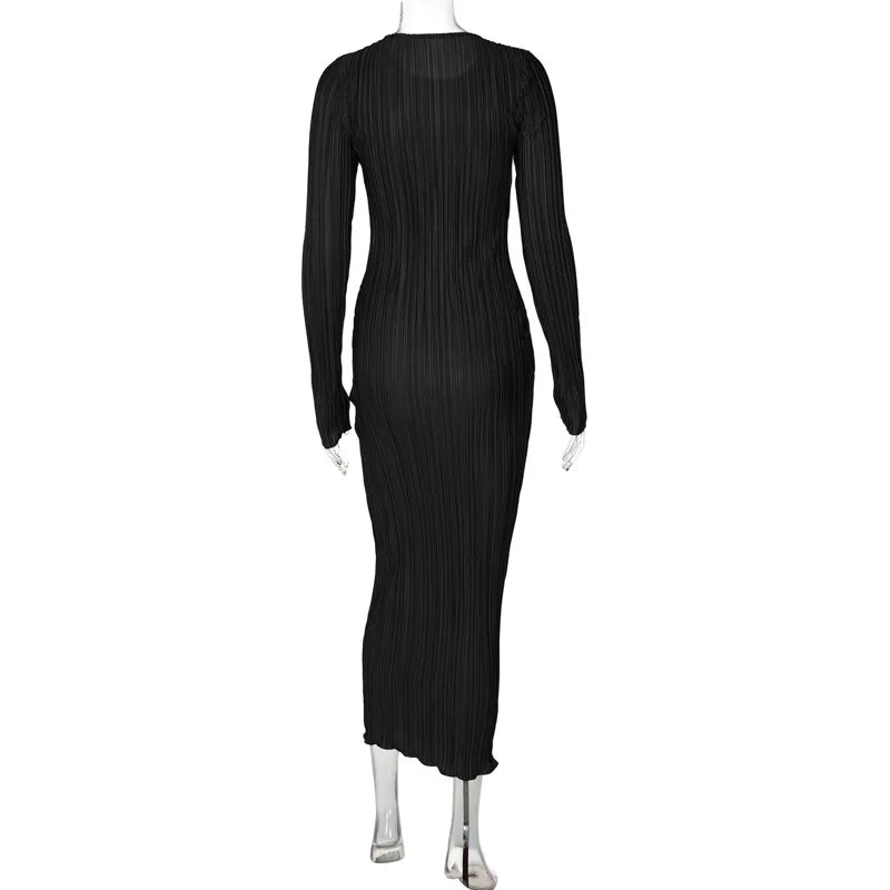 Dulzura Women 2024 Autumn Winter Fashion Long Sleeve Streetwear Bodycon Black Long Dress Wholesale Items For Business