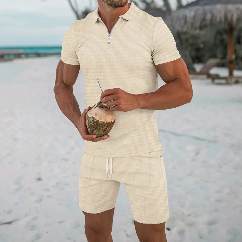 Men's Comfortable Short-Sleeved Waffle Polo Shirt And Shorts Set - Breathable Lightweight Spring/Summer Clothing