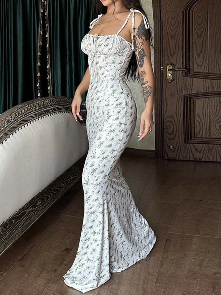 Summer Sexy Sleeveless Lace Up Bodycon Long Dress Summer Floral Maxi Dresses For Women Elegant Beach Vacation Dress Vestidos