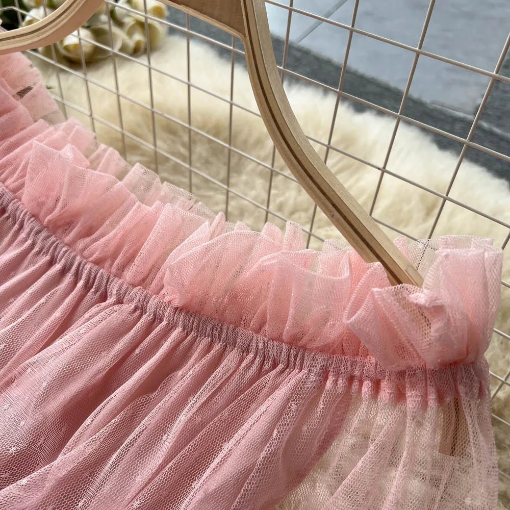 SINGREINY Mesh Party Long Dress Women Ruffle Long Sleeve Slash Neck Elastic Waist French Ladies Summer Elegant A Line Dresses
