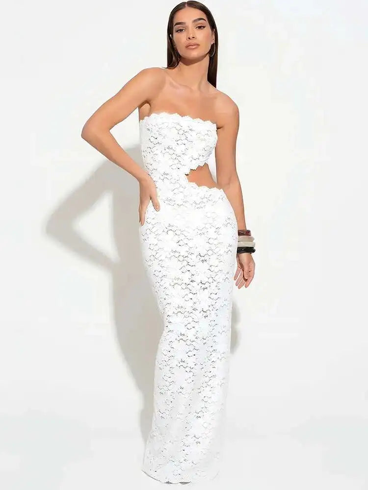 Blifanbo Backless Sexy Off-shoulder Maxi Dress Women Lace Sleeveless Strapless Hollow Out Skinny Club Party Long Dress Elegant