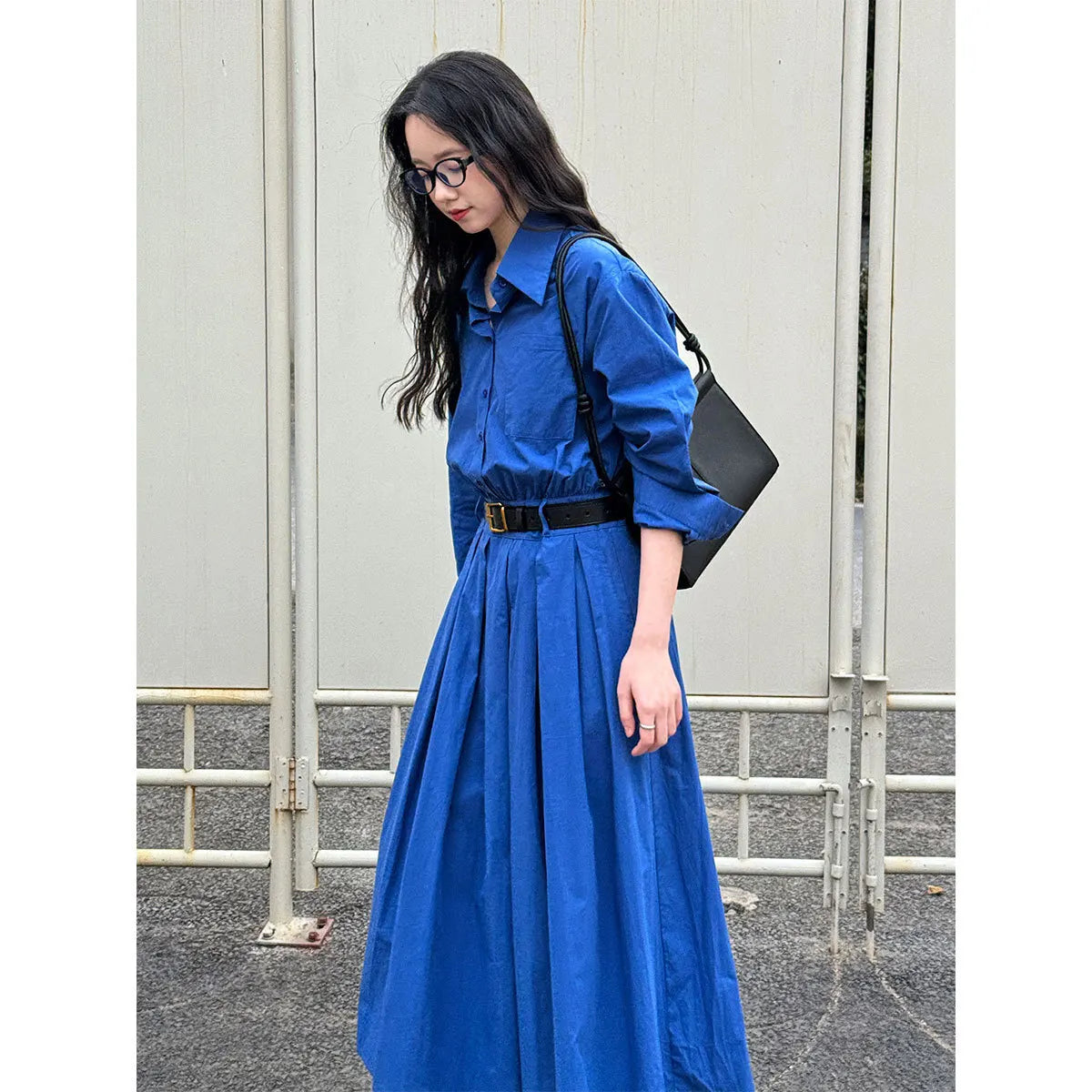 Polo‘s Collar Shirt Dress Women Spring Slimming Long Dress With A Cinched Waist Blue / Pink