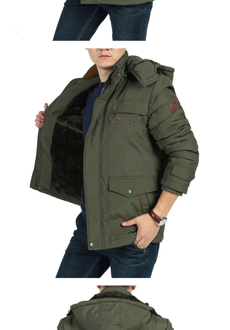 winter Parka Men's Multi-pocket Thickened Fleece-lined Cold-proof Padded Jacket Outdoor Camping Removable Cap Warm Men's Coat