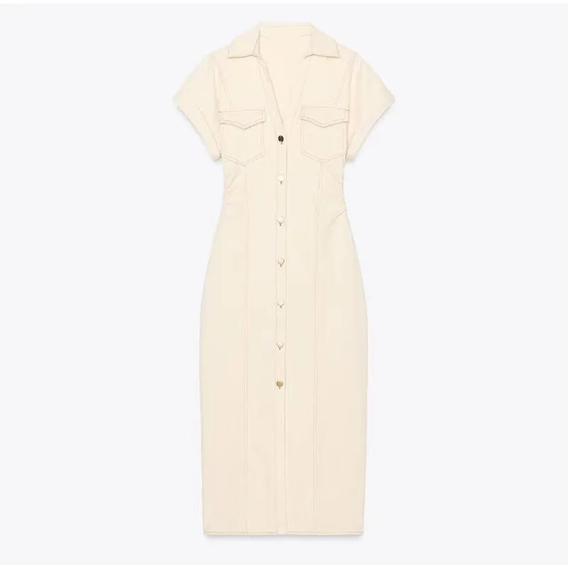 Sexy V-neck Denim Dresses 2025 Women's Spring Fashion Slim Long Dress Chic Short Sleeves Single Button High Street Lady New Robe