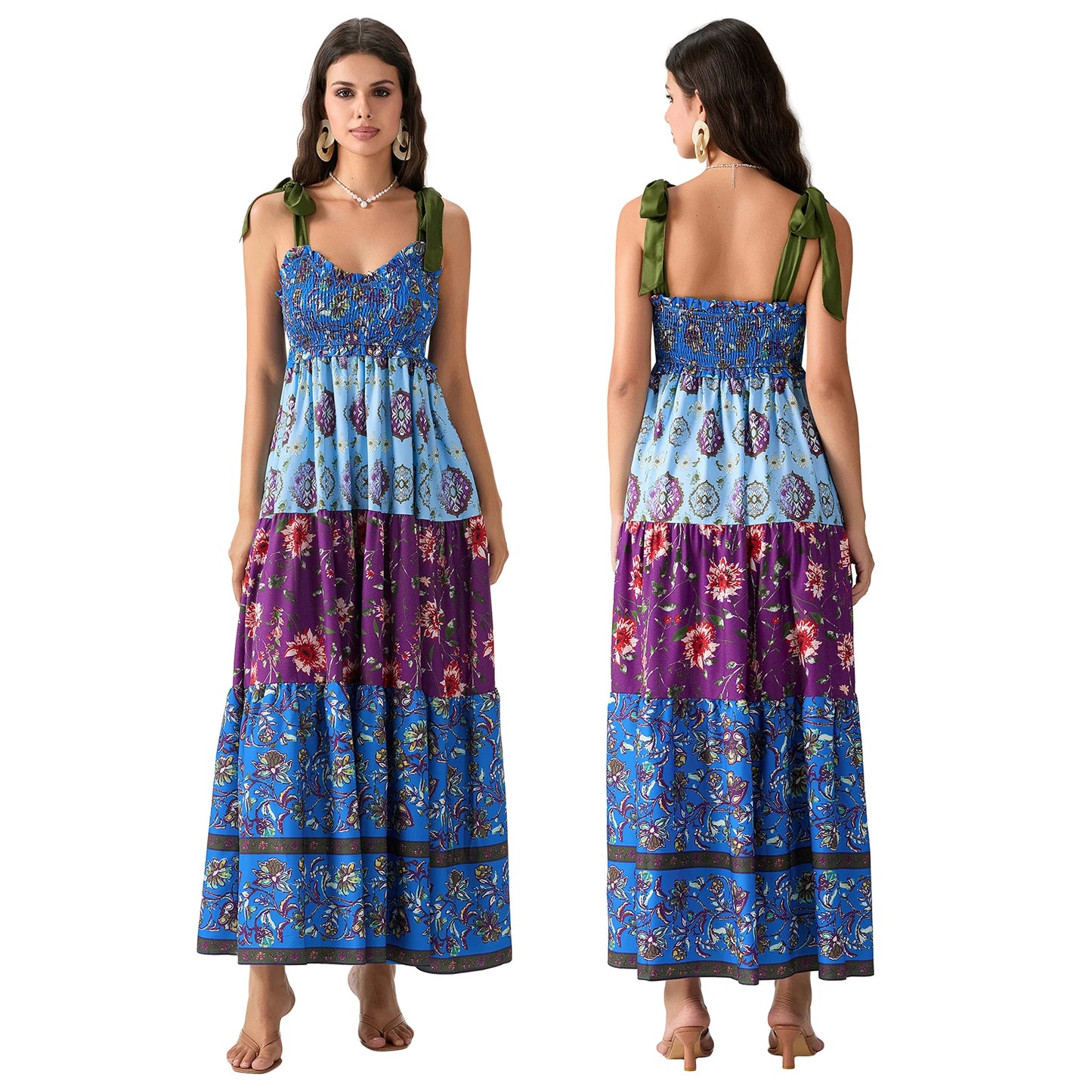 Combhasaki Women's Y2K Vintage Floral Print Ribbon Tie-Up Shoulder Straps Sleeveless V-Neck Summer Big Swing A-line Long Dress