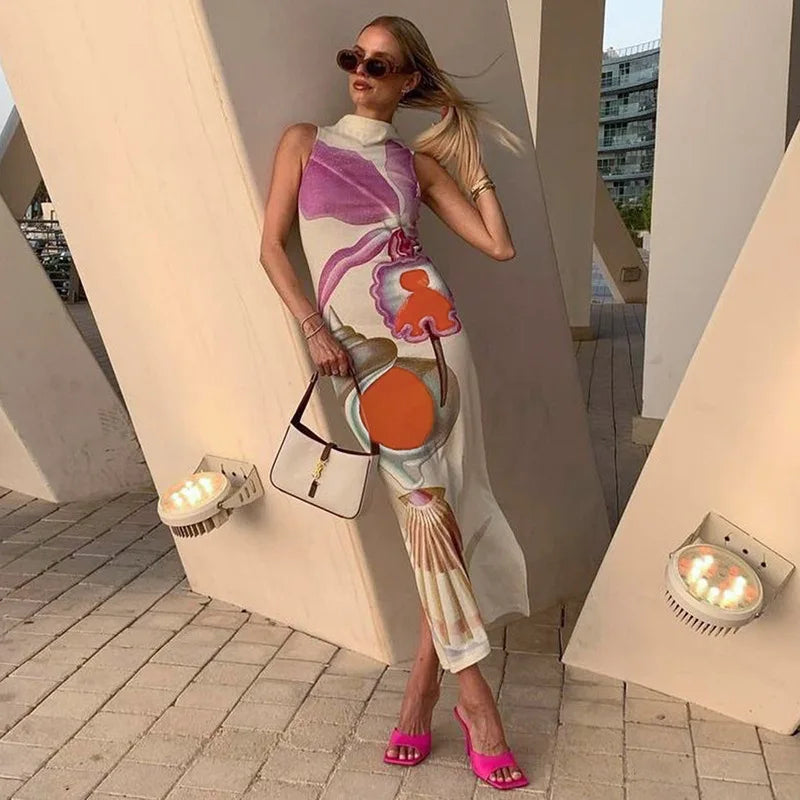 2024 Spring Summer Women long Dress Turtleneck Print Slit Round Neck Sleeveless Slim Fit Maxi Dress Robes Female Party Vestidos