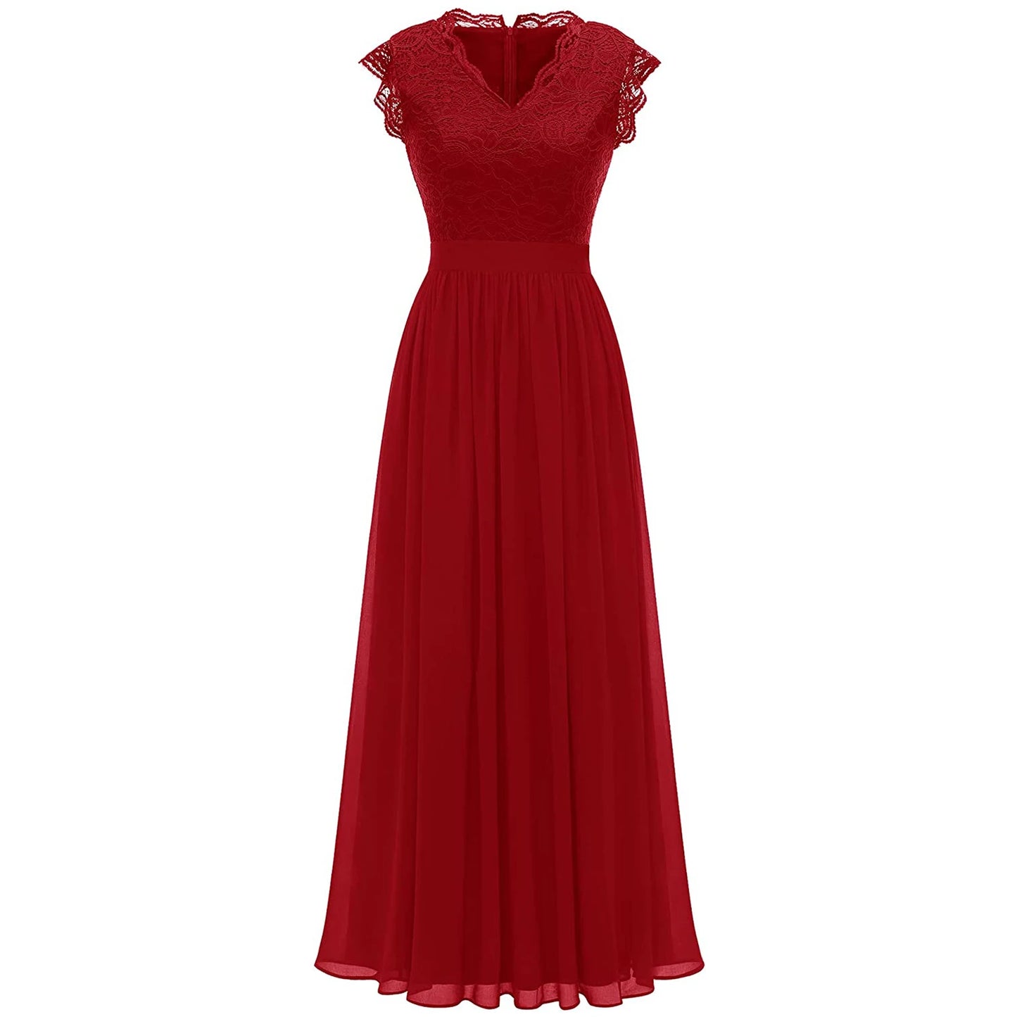 Elegant Women's Party Bridesmaid Long Dress Lace Patchwork Chiffon Sleeveless Wedding V Neck One Piece Formal Party Midi Dress