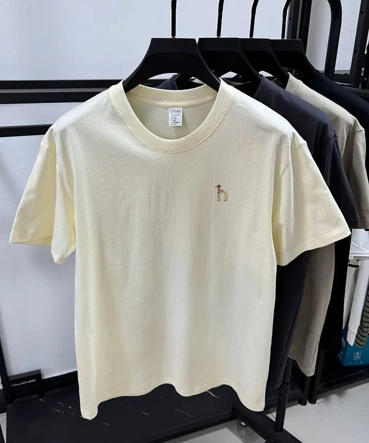 100% pure cotton new high-end brand men's round neck short sleeved T-shirt summer fashion dog embroidery Korean loose design top