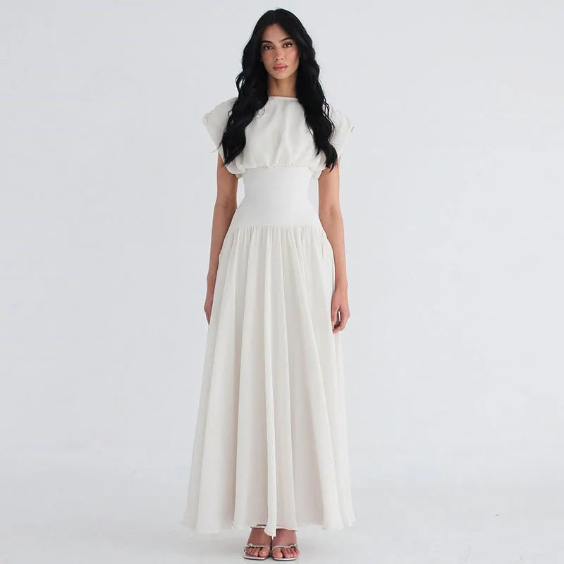 Elegant Sleeveless Girdling Long Dress Women O-neck High Waist Solid A-line Long Big Swing Dresses 2025 Summer Holiday Lady Robe