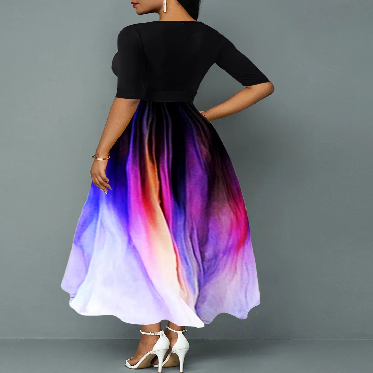 Plus Size Hot Sale Of The Season Elegant Printed Slim Fit Midi Dress with Belt Large Size Splice Long Dress Sexy Half Sleeve ...