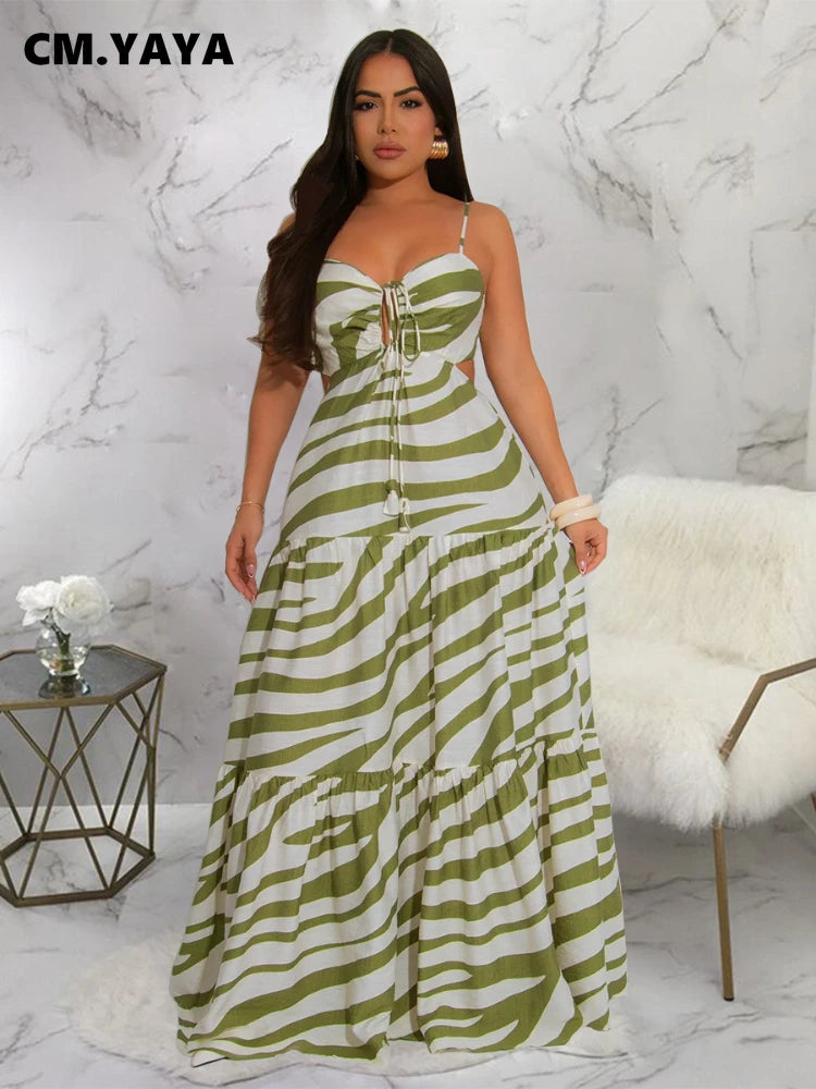 CM.YAYA Printed Women Strap Sleeveless Backless Long Dress 2025 Birthday Beach Evening Sexy Night Party Maxi Dresses Vestidos