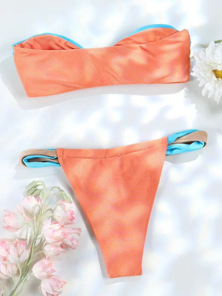 Patchwork Bikini Set for Women, Bandeau Swimsuit, Push Up Swimwear, Sexy Bikinis, High Cut Thong, Brazilian Beachwear, New