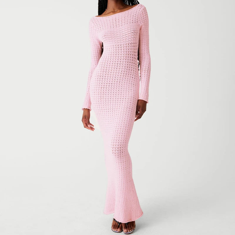 Hawthaw Women 2023 Autumn Winter Long Sleeve Streetwear Knitted Vacation Bodycon Pink Long Dress Wholesale Items For Business