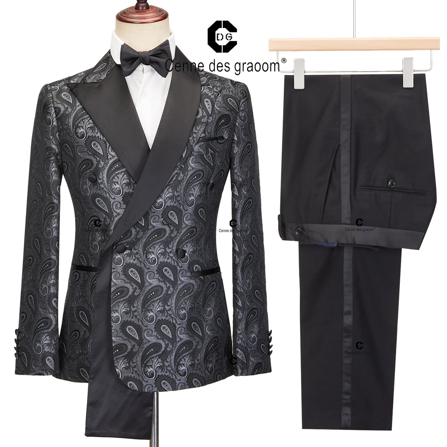 Cenne Des Graoom 2024 New Double-breasted Tuxedo Suits for Men Floral Paisley Jacquard Blazers Pants Wedding Party Wear Prom 