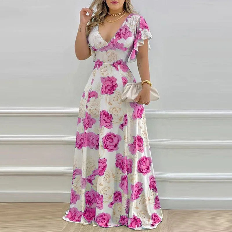 Women Summer Long Dress Floor Length 2024 New Floral Print V-neck Sexy Waist Big Swing Woman Casual Dresses Vestidos GHH9040