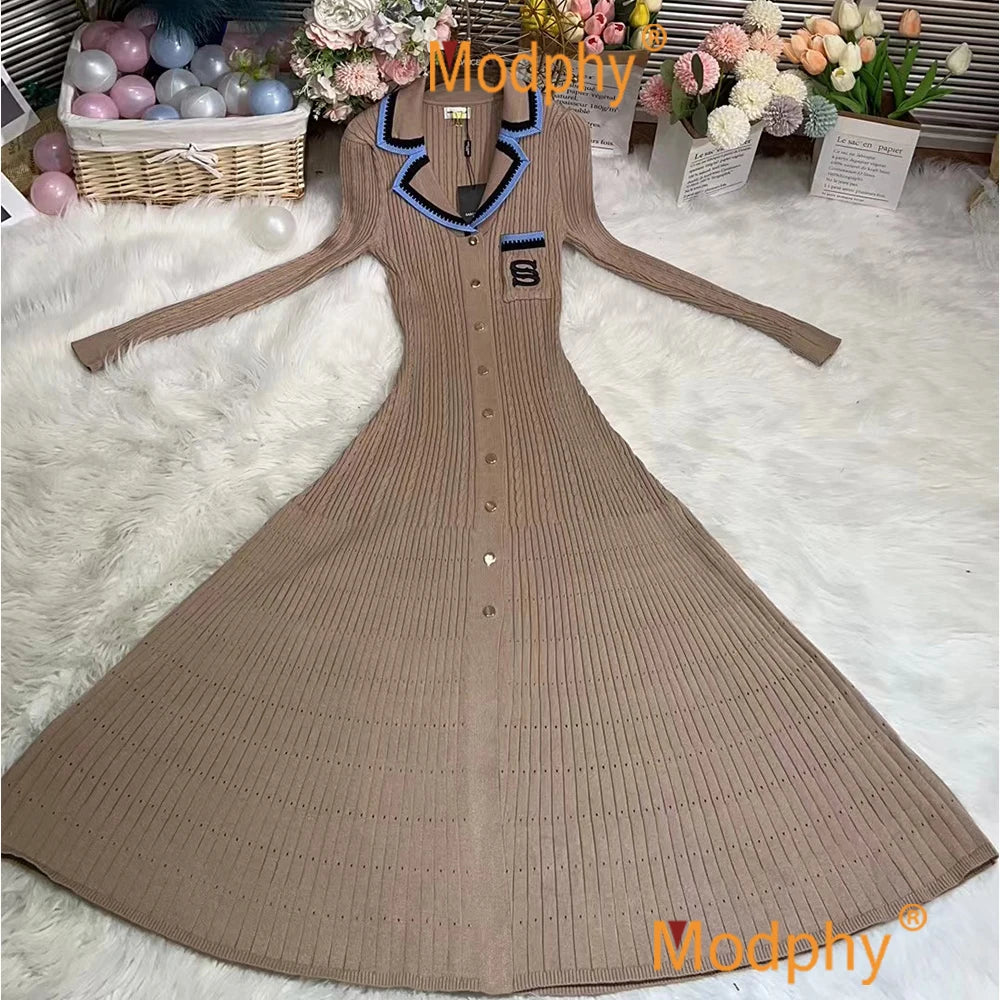Modphy 2025 Elegant Slim Knitted Long Dress Women's Letter Single Breasted Long Sleeved Designer Vintage Dresses Autumn