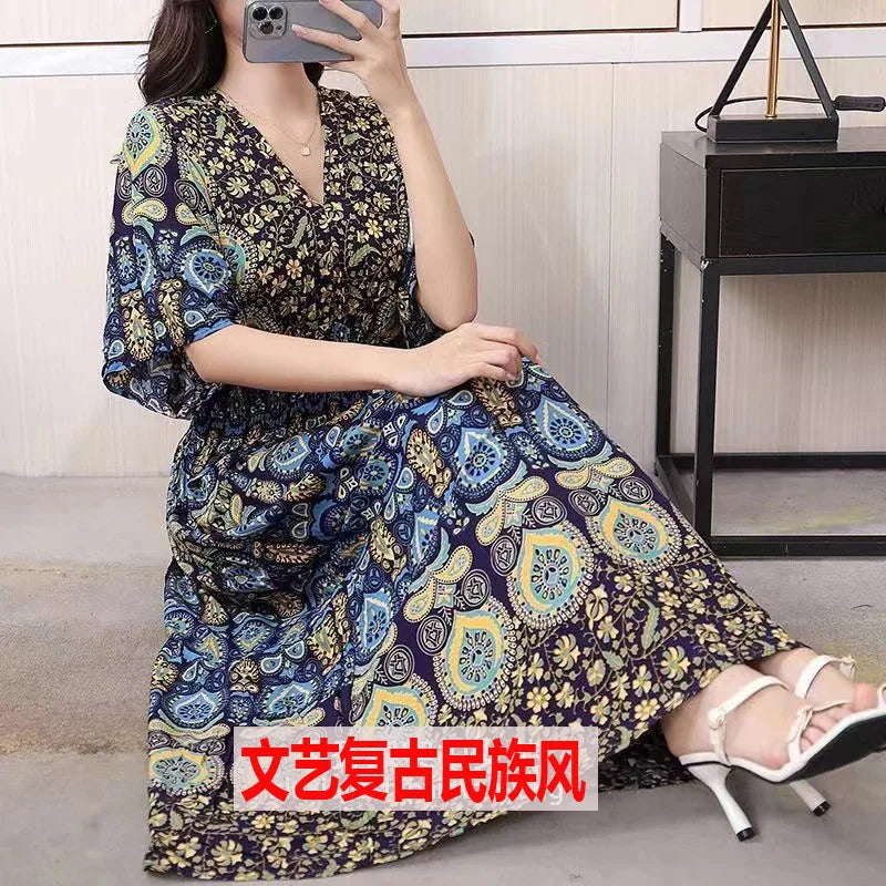 V-neck Large Skirt Hem Casual Sweet Holiday Long Dress Bat Sleeves Elastic Waist Bohemian Print Floral Elegant Dresse For Women