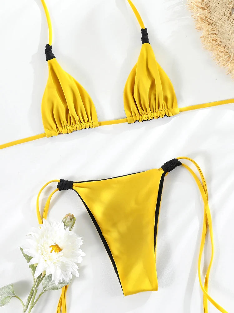 Solid Color Bikini Set Triangle Bikinis Swimsuit Women Bandage Swimwear Micro Thong Biquini Sexy Bathing Suit