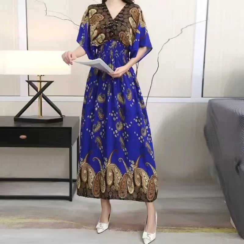 V-neck Large Skirt Hem Casual Sweet Holiday Long Dress Bat Sleeves Elastic Waist Bohemian Print Floral Elegant Dresse For Women